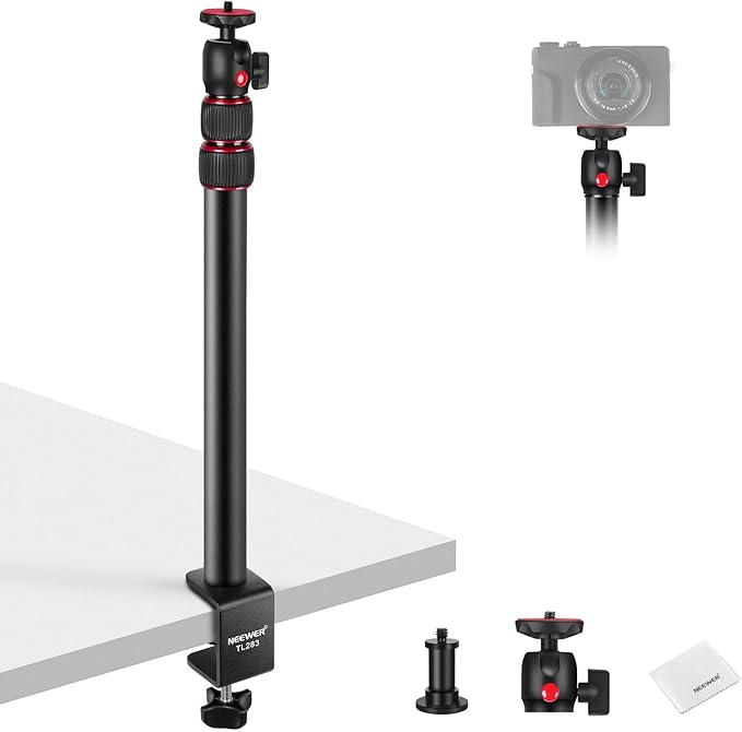 NEEWER Camera Desk Mount, Overhead Desktop Light Stand Microphone Boom Arm with Ball Head C Clamp Cleaning Cloth for DSLR Webcam Phone Holder Ring Light Mic Streaming Video Recording, Red TL283