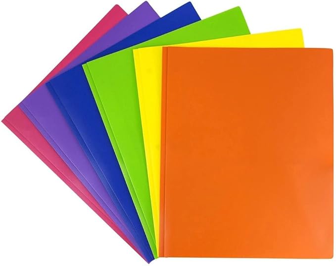 JAM PAPER Plastic Color POP Folders - 2 Pocket Durable Folders with Metal Prongs Fastener Clasps - Assorted Primary Colors - 6/Pack