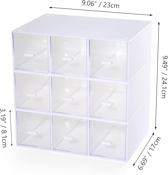 OSteed Desktop Drawers, Desk Organizer with 9 Drawers, Stackable Plastic Storage Box for Home Collection, Cosmetics, Jewelry, Office Supplies (3 Tiers, White)