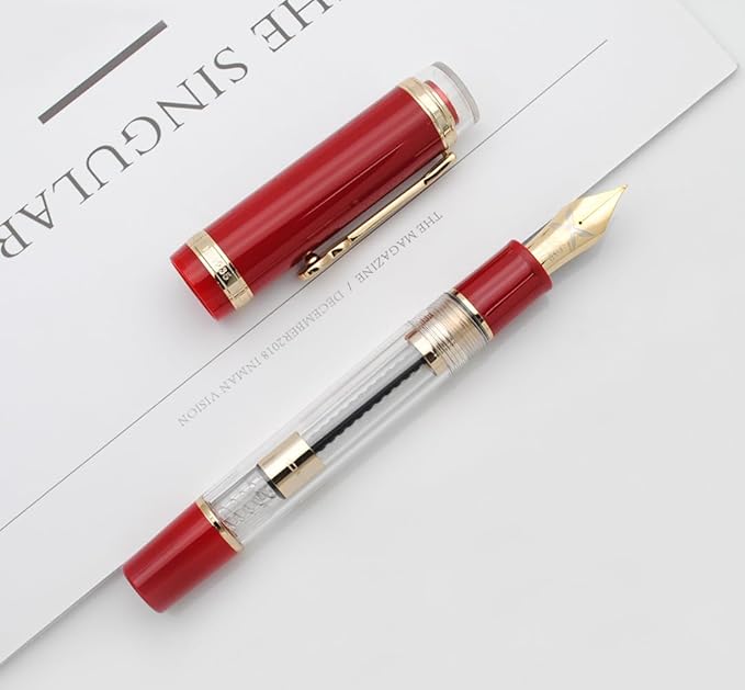 JINHAO 1935 Fountain Pen TIANDAO Series #8 Nib Ink Pen with Guitar-Shaped Clip and Ink Converter (M Nib 0.7mm, Red)