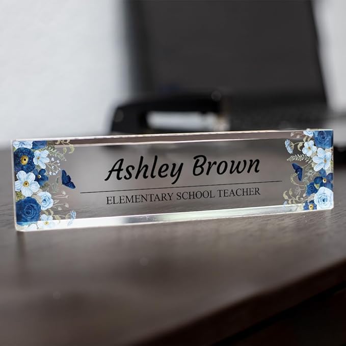 Signs ByLITA Floral Pattern Customized Nameplate | Indigo Blooms Personalized Full Color Acrylic Desk Sign