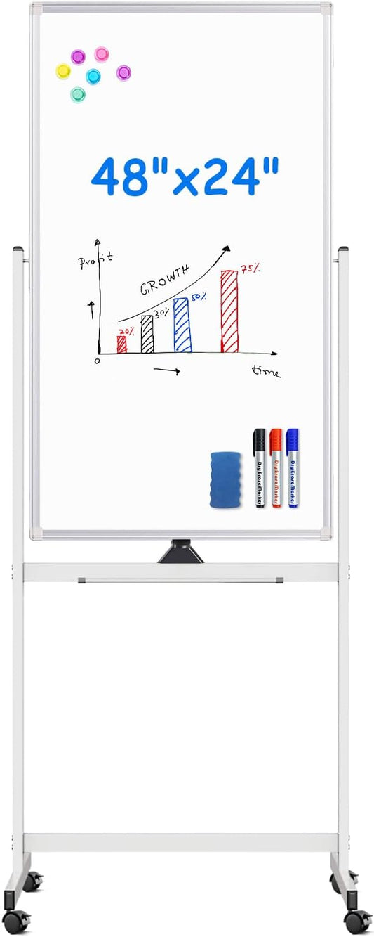 Magnetic Mobile White Board, 48 x 24 Double Sided Dry Erase Board Rolling Whiteboard Aluminum Frame Standing Whiteboard on Wheels