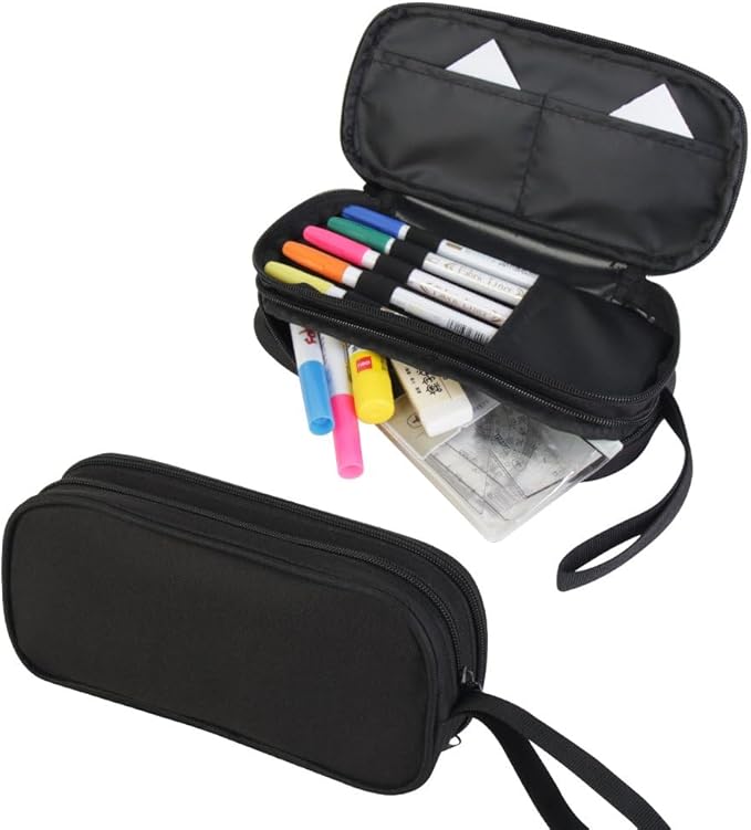 HiMagics Children's Pencil Case, Large Zipper Pencil Pouch for Boys with Two Compartments Boys Pen Pouch for School Wolf Pencil Bag, Black