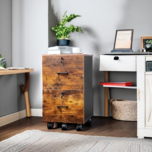 VINGLI 2-Drawer Small Rolling File Cabinet with Lock, Wood Filing Cabinet for Hanging Letter Size Filings with Tabs, Mobile Under Desk File Cabinets for Home Office, Rustic Brown, 27.2" H
