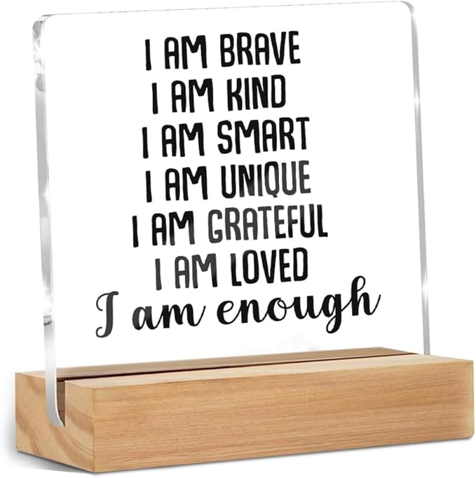 Positive Affirmations I Am Enough Desk Decor Acrylic Sign, Inspirational Gifts for Women Men, Motivational Desk Gadgets Table Top Cubicle Accessories Office Living Room Bedroom Decor