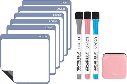 loukin Dry Erase Mini Note 6 Pack, Electrostatic Adsorption Whiteboard Sticker, 4"×4" Reusable notepads for Office, Classroom, Refrigerator, Clings Any Shiny Surface, 3 Color Markers & 1 Eraser