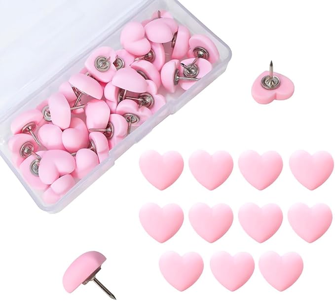 Aoxsie 28pcs Decorative Cute Push Pins Heart Pink Thumbtacks Thumb Tacks Pushpins for Bulletin Cork Boards Office Products