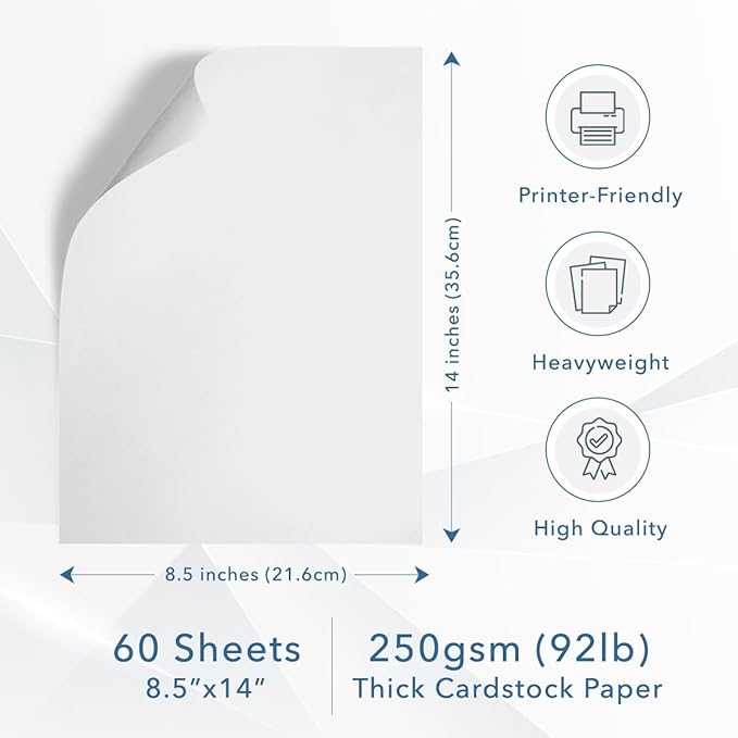 MOS White Legal Cardstock Paper 8.5 x 14 Inch (60 Sheets) — Heavyweight 250 GSM Cover Stock for Certificates, Menus, Legal Documents, Crafts, Printer Compatible