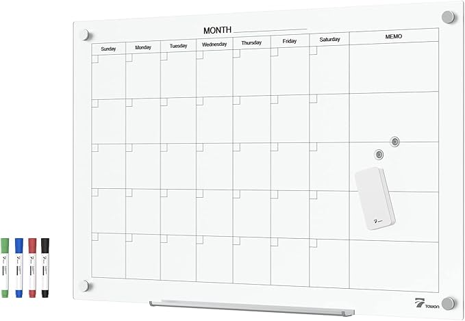TOWON 36 x 24 Inches Tempered Glass Calendar Dry Erase Board for Wall, 3' x 2' Magnetic Whiteboard Calendar Planner for Office, Home, School Supplies, White