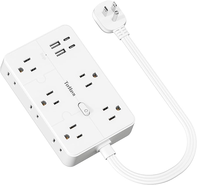 Surge Protector Power Strip 1 FT Flat Extension Cord ，10 AC Outlets & 4 USB Ports(5V/3.4A 17W), 1080J ，Wall Mountable Desktop Charging Station with Flat Plug for Office Supplies and Home, White