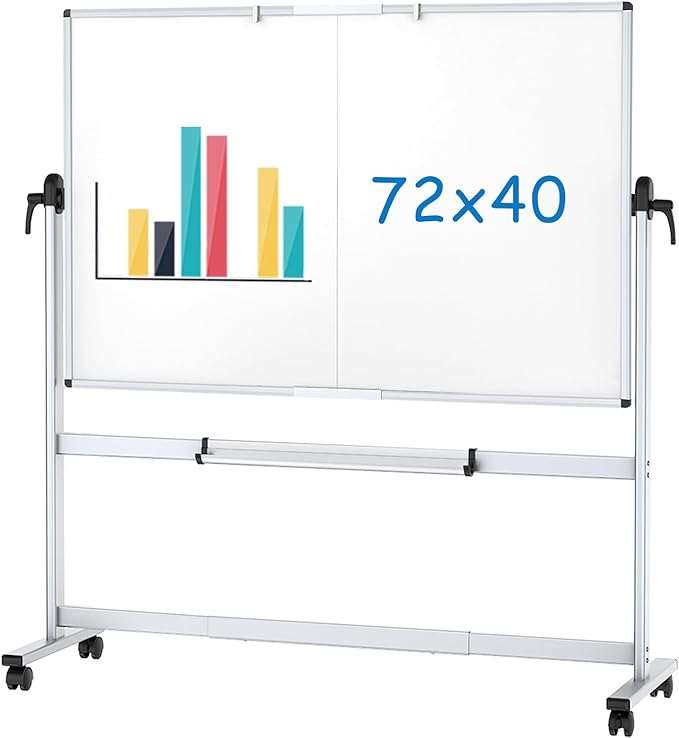 VIZ-PRO Double-Sided Mobile Whiteboard, 72 x 40 Inches, Magnetic Rolling Dry Erase White Board on Wheels with Aluminium Frame and Stand