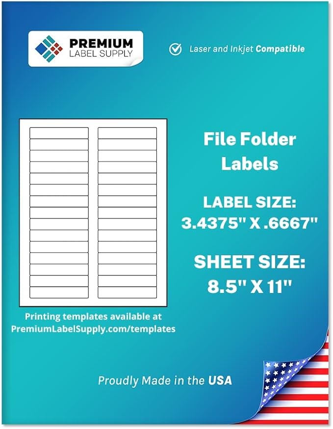 Premium Label Supply White File Folder Labels – 3.4375" x .667" – Laser/Inkjet Compatible – (30 per Sheet), 1000 Sheets - 30,000 Total Adhesive Stickers