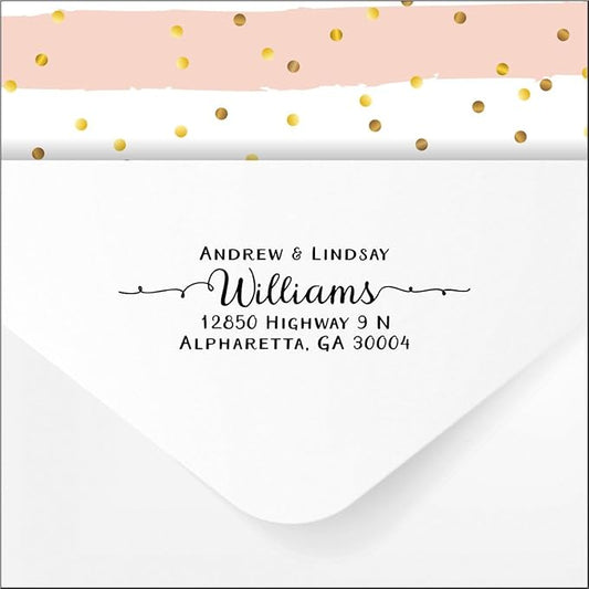 PrettySweetParty Self Inking Return Address Stamp - Custom 4 Line Personalized Address Stamp for Envelopes, Wedding Invitations, Business, Mailing Labels (Williams Curly Tails)