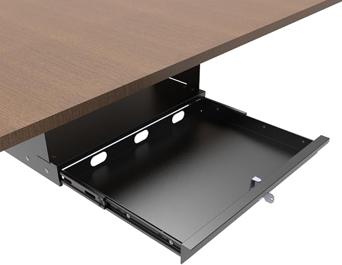 QiaoYoubang Under Desk Lockable Sliding Out Drawer with Cable Management, 17 inch Wide Office Storage Organizer for Standing Desks or tables with a Crossbar less than 3.2" High, 12 Inch Deep