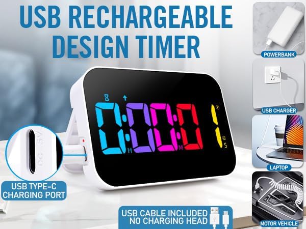 Kitchen Digital RGB Timer, Count Down Up, Rechargeable, Vibration Mode Adjustable Volume and Brightness LED Display, Time Management Cook, Desk, Kids Adults Study Teaching, Kitchen Gadgets