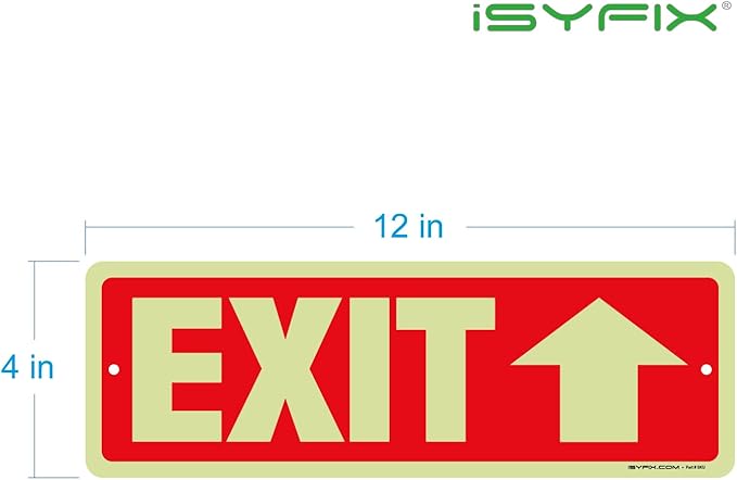 iSYFIX Exit Signs with Directional Up Arrow, Glow in the Dark, Photoluminescent Aluminum 12x4 Inch - 12 Pack, Laminated for UV & Weather Resistance, Ideal for Offices, Schools, Theaters & More