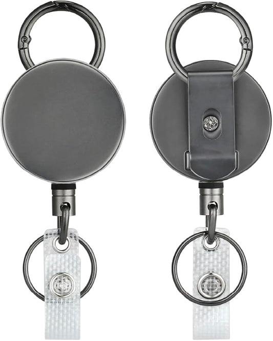 Will Well ID Badge Holder Reel with Clip and Keyring - Heavy-Duty All-Metal Casing with 27.5" UHMWPE Fiber Pull Cord for Durability and Easy Access, Holds up to 8 Keys - 2-Pack, Round, Glossy Silver