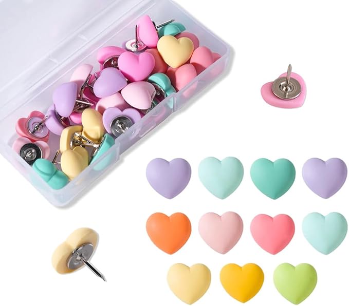 Aoxsie 28pcs Decorative Push Pins Multicolored Heart Thumbtacks Thumb Tacks for Bulletin Cork Boards Office Organization Home