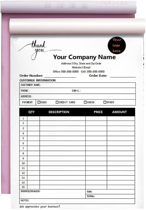 Custom Carbonless Sales Invoice Form Books for Small Business, Personalized NCR 2-Part Receipt Book with Carbon Copies, Cover Add Company Name, Address and Number Printed