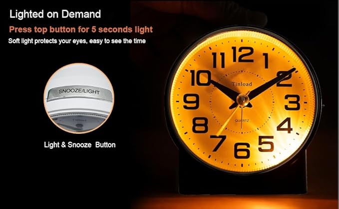 Tinload 4.3" No Ticking Analog Alarm Clock,Silent Readable for Seniors,Easy to Set,Gradual Rise Alarm,Big Numbers,On/Off Switch on Side,Gentle Wake,Snooze,Lighted on Demand,Battery Operated,White