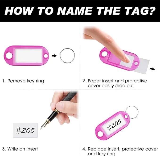 Key Tags, Key Labels, 10 Pack Plastic Key Tags with Ring and Label Window, Key Chain ID Tags/Identifiers for Name, Luggage, Bags, Backpack, 10 Colors