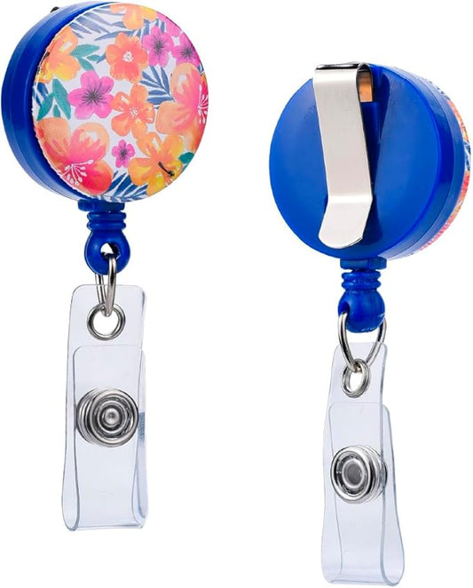 Will Well Badge Holders with Belt Clips for Securing onto Pockets and Purse Straps, with Retractable 27.5" UHMWPE Fiber Pull Cords, Strong Build with Fun Designs - 2-Pack, Floral Print
