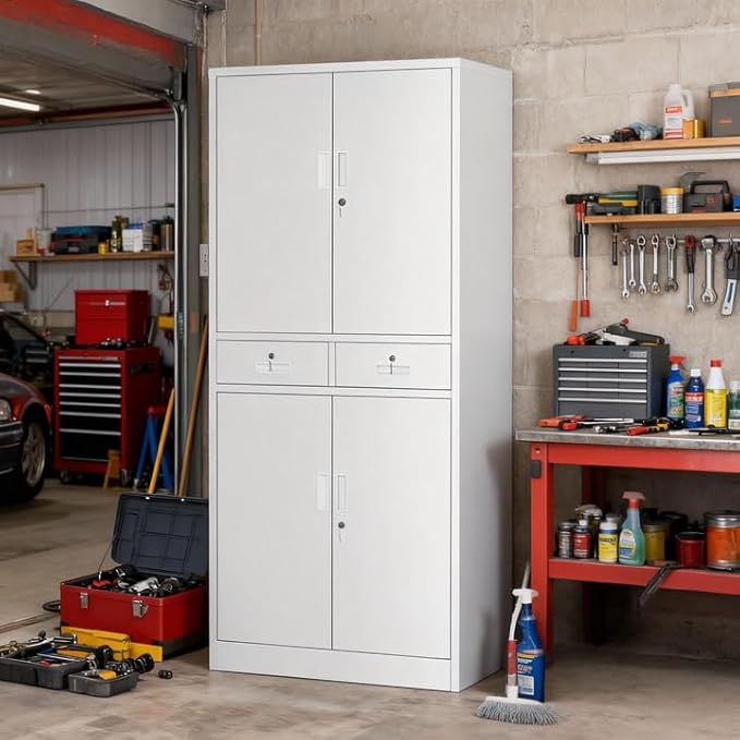 TaskStorz Metal Storage Cabinet with 2 Drawers 71" H,White Metal Garage Cabinets with 2 Lockable Doors and Adjustable Shelves Easy to Assemble for Home Office, Kitchen,Pantry,Garage,Warehouse