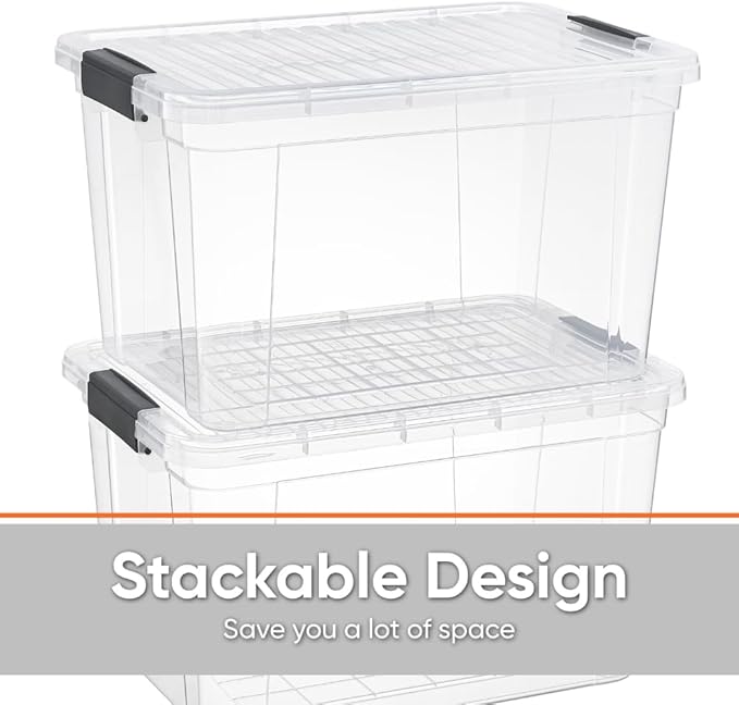 Superio Clear Storage Boxes with Lids, 14.25 Quart Plastic Container Bins for Organizing, Stackable Crates, BPA Free, Non Toxic, Odor Free, Organizers for Home, Office and Dorm, 4 Pack