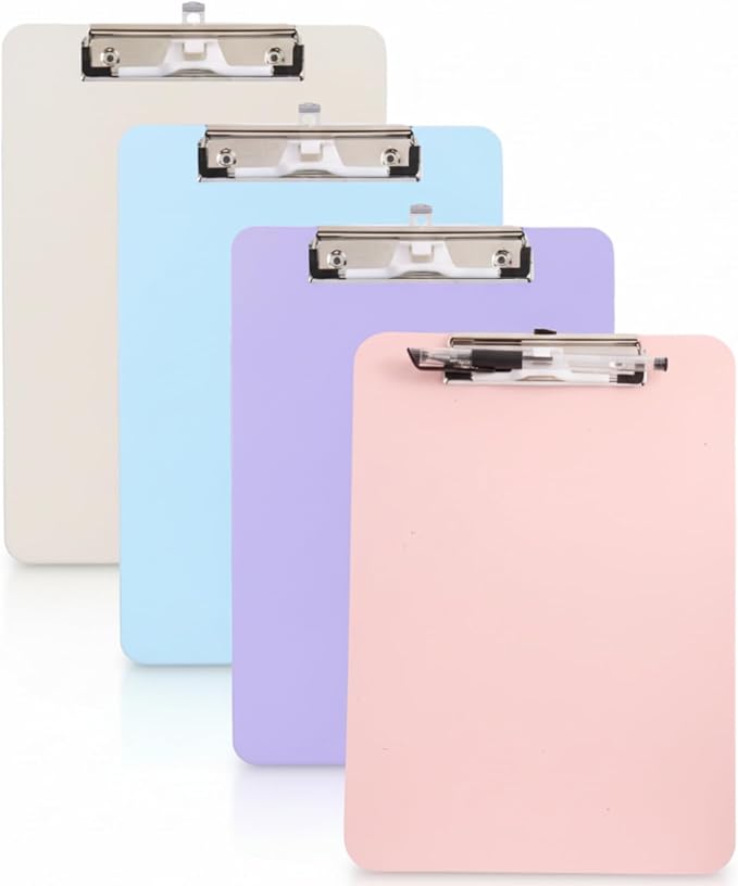 TFDLCG zm 4 PCS Pastel Colored Clipboards,Plastic Clipboard with Pen Holder,Letter Size A4,Cute Clip Boards 8.5x11 Heavy Duty,Hanging Clipboards for Women Kid Teacher,School Office Home Work