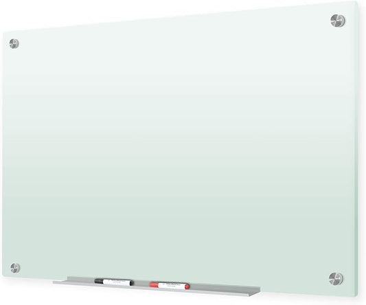 J&J worldwide Glass Whiteboard 47 x 35, Frosted Glass Dry Erase Board Non-Magnetic, Semi-Transparent, Includes Markers, Marker Tray, Eraser for Wall, Office, Home, School