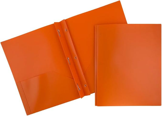 JAM PAPER Plastic Color POP Folders - 2 Pocket Durable Folders with Metal Prongs Fastener Clasps - Orange - Bulk 96/Pack