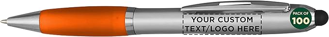 DISCOUNT PROMOS Custom Stylus Ballpoint Pens Set of 100, Personalized Bulk Pack - Black Ink, Great for Office, School, Business, Tradeshows, Events - Orange