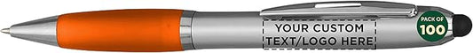 DISCOUNT PROMOS Custom Stylus Ballpoint Pens Set of 100, Personalized Bulk Pack - Black Ink, Great for Office, School, Business, Tradeshows, Events - Orange