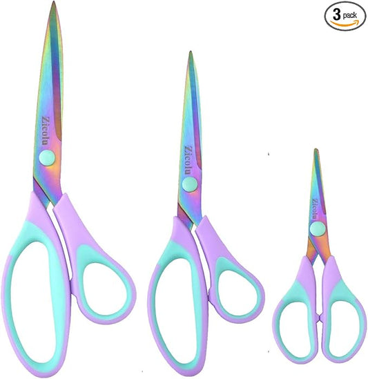 Zicolu Craft Scissors Set of 3 pack, Sharp Rainbow Titanium Coating All Purpose Scissors, Ergonomic Semi-Soft Rubber Grip, Suitable for School, Office and Household Use, 9.2''/8.5''/5.6"