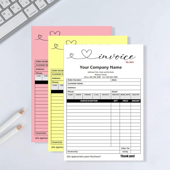 Custom Carbonless Sales Invoice Form Books for Small Business, Personalized NCR 2-Part Receipt Book with Carbon Copies, Cover Add Company Name, Address and Number Printed