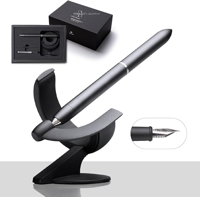 novium Hoverpen Future - Luxury Fountain Pen, Schmidt Nib (Fine), Converter, Extra Refill, Futuristic Aesthetic, Aerospace Metal, Best Pen Gift Set for Men & Women (Deep Black)