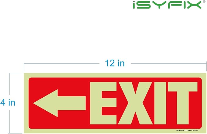 iSYFIX Exit Stickers Signs with Directional Left Arrow 2 Pack 12x4 Inch - Glow in the Dark Photoluminescent Vinyl for Office, School, Business, Warehouse - UV & Weather Resistant for Indoor/Outdoor Use