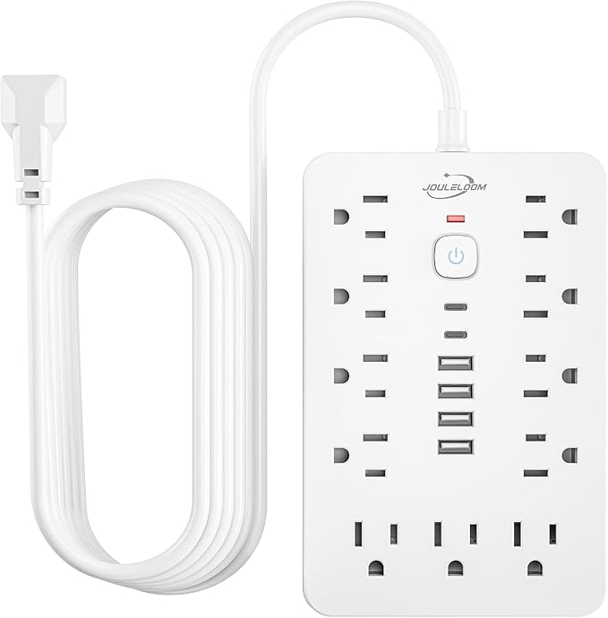 JouleLoom 20 FT Flat Plug Surge Protector Power Strip,11 Multiple AC Outlets with 6 USB Ports (2 USB C), 20 Feet Extension Cord, 1250W/10A, One Touch Switch Button, White