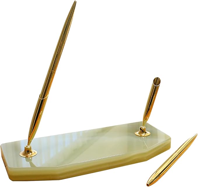Stone-Style Pen Stand with Zinc Alloy Ballpoint Pen, Blue Refill – Office Pen Stand for Home & Office, The best choice for gift giving (Rectangular green 7.5inch)