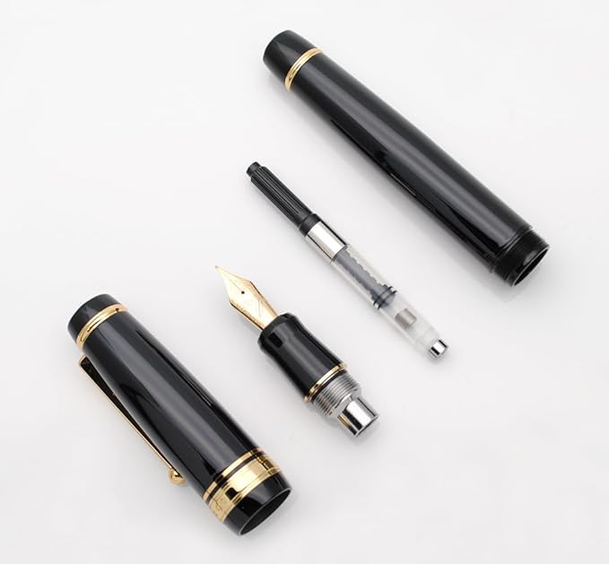 xixixiaozhu Metal Big Fountain Pen, Medium Nib 0.7mm, Includes Ink Converter & 5 Cartridges, Glossy Piano Painted Finish (Black)