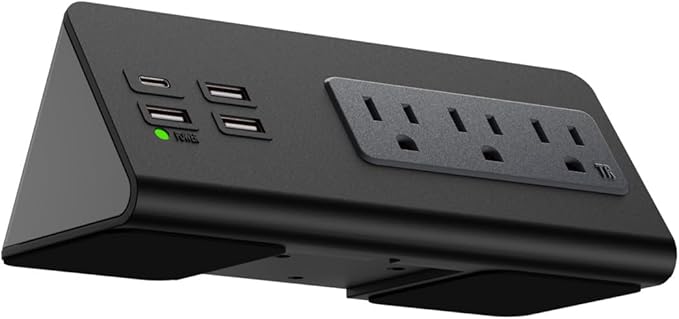 Kable Kontrol Desk Clamp Power Strip with USB-C Port, Nightstand Charging Station, 3 AC Outlets, 3 USB-A Ports, Fast Charger, Easy Installation for Home, Offices, Hotels – 4.9 Ft, Black, 1 Pc