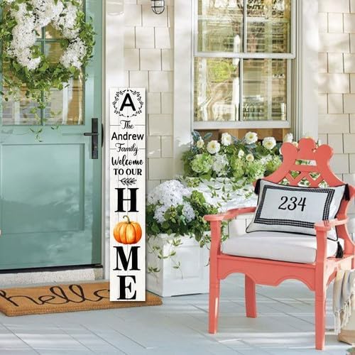 SRongmao Welcome To Our Home Porch Sign Personalized Welcome Sign for Front Door Custom Family Name Signs Standing Vertical Rustic Farmhouse Pumpkin Decor for Front Door Wall Decor