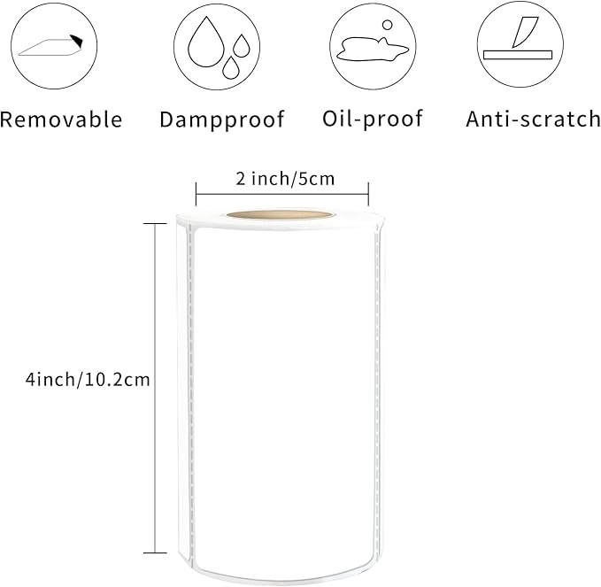 2×4 Inch White Removable Thermal Labels,Waterproof Thermal Label,250 Sheets per Roll with Perforated Lines