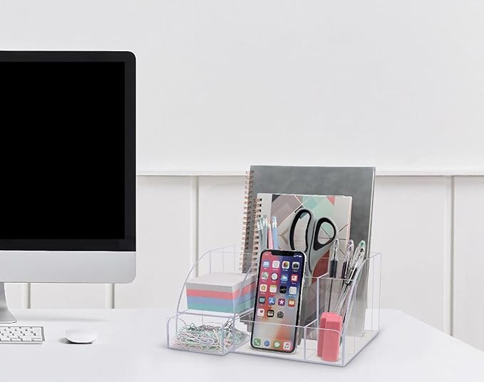 My Space Organizers Clear Acrylic Desk Oganizer, 9 Compartments, Office Supplies and Desk Accessories Organizer, Home Decor Desktop Organizer (Clear)
