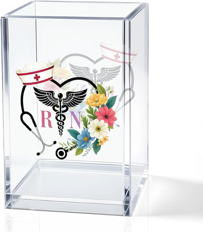 QYUVK RN Acrylic Pencil Holder Cup, Floral Stethoscope Pen Holder for Women Nurse, Appreciation Thank You Gifts for Registered Nurse CAN MA, Nurse Week Decor RN Gifts, Nurse Day Present