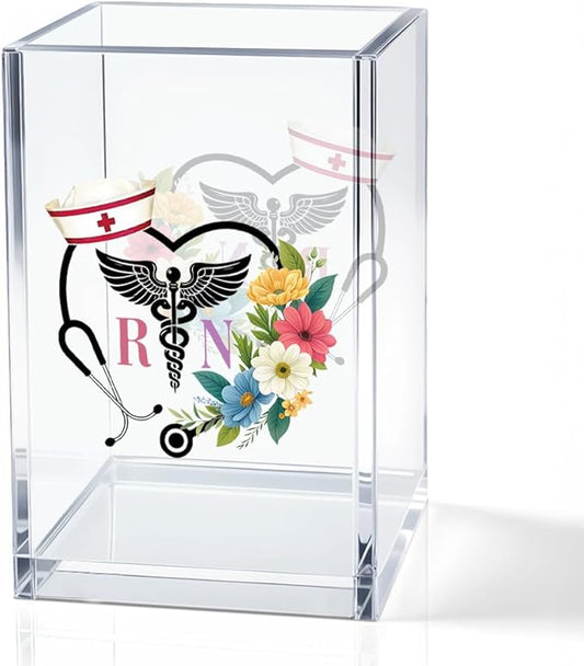 QYUVK RN Acrylic Pencil Holder Cup, Floral Stethoscope Pen Holder for Women Nurse, Appreciation Thank You Gifts for Registered Nurse CAN MA, Nurse Week Decor RN Gifts, Nurse Day Present