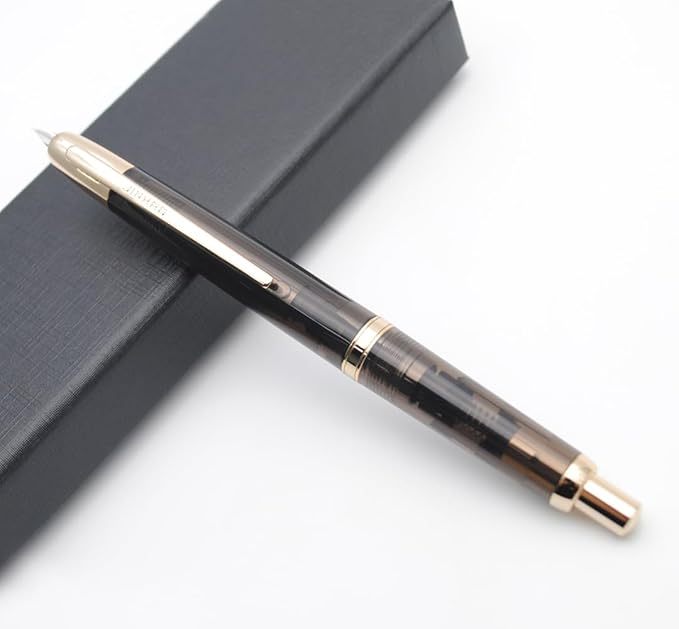 JINHAO 20 Press Fountain Pen, Retractable Capless Resin Pen with Ink Converter (F Nib 0.5mm, Transparent Black - Gold Clip)