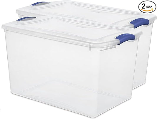 2 Pack 66 Quart (62.4L) Heavy-Large Clear Plastic Storage Bins with Locking Blue Latch Lids – Stackable & Airtight Containers for Garage, Closet & Basement, Ideal for Bulky Items, Clothing