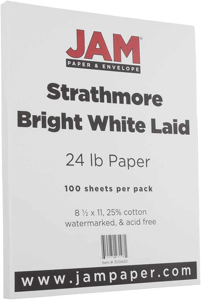 JAM PAPER Strathmore 24lb Paper - 90 gsm - 8.5 x 11 - Bright White Laid - 500 Sheets/Ream
