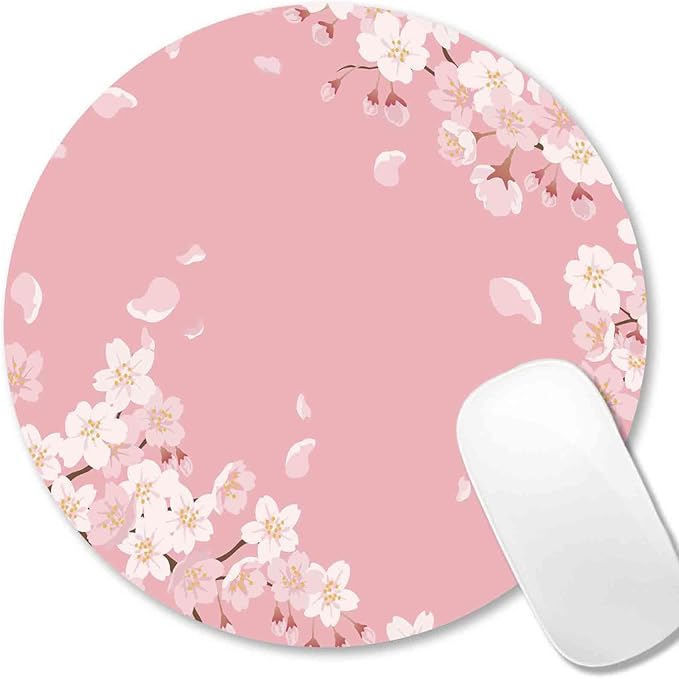 IMAYONDIA Cute Pink Mouse Pad, Floral Flowers Mouse Pad, Sakura Cherry Blossom Round Mousepad, Aesthetic Desk Decor, Anti Slip Rubber Base Mice pad for Computer Office Girl, 7.9 x 7.9 Inch